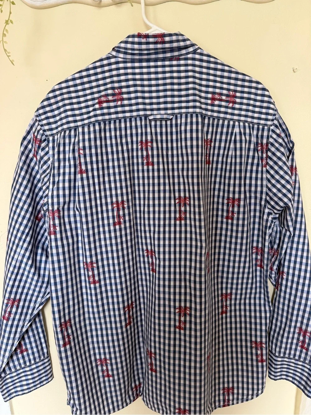 Tommy Bahama Men’s Blue and White Gingham Button-Down with Red Palm Print